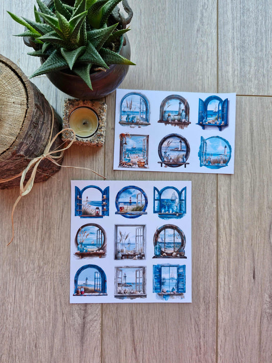 2 Sayfa 15 Adet Pencere Sticker Deniz Mavi Manzara Vintage Sticker