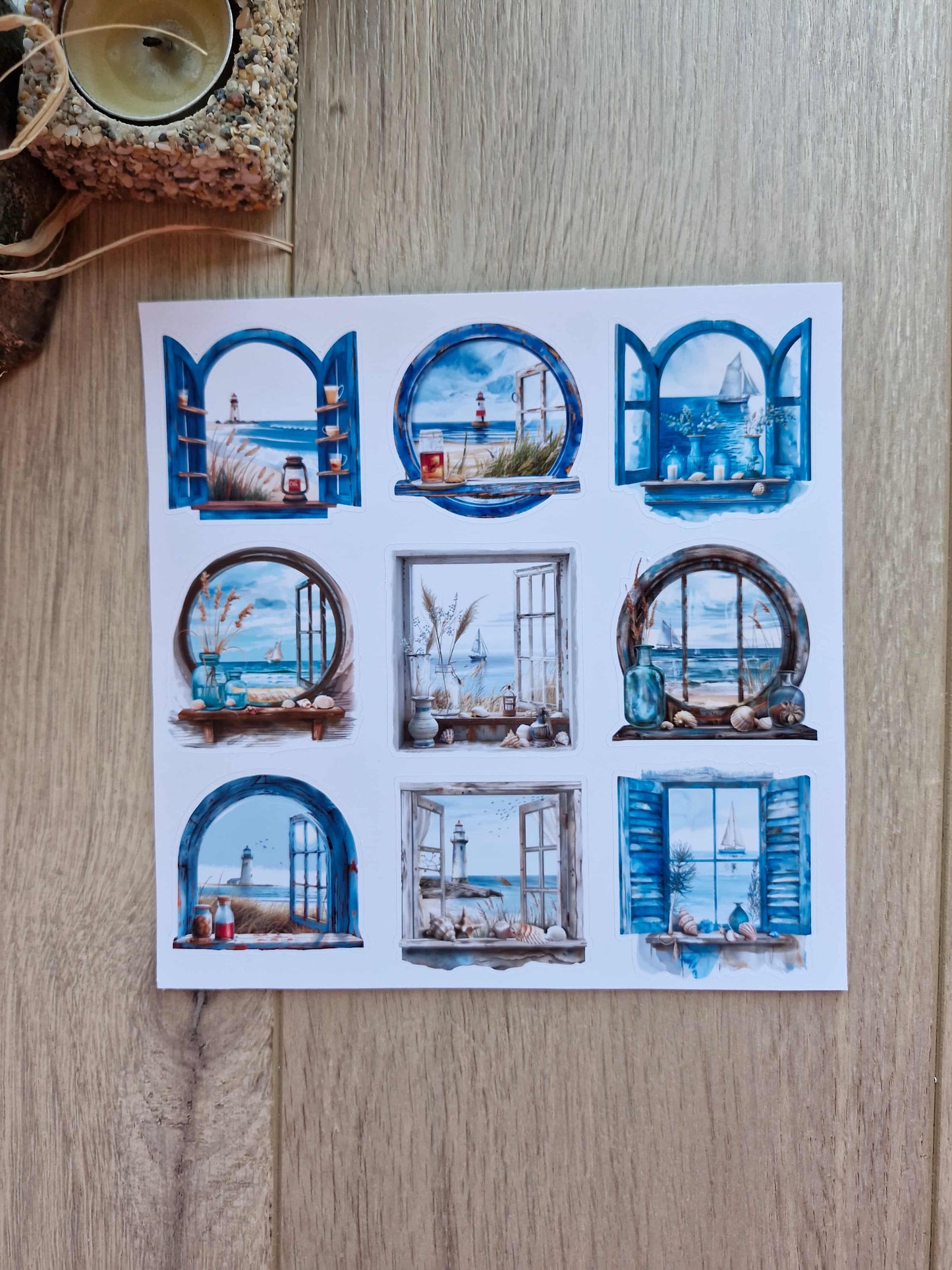2 Sayfa 15 Adet Pencere Sticker Deniz Mavi Manzara Vintage Sticker
