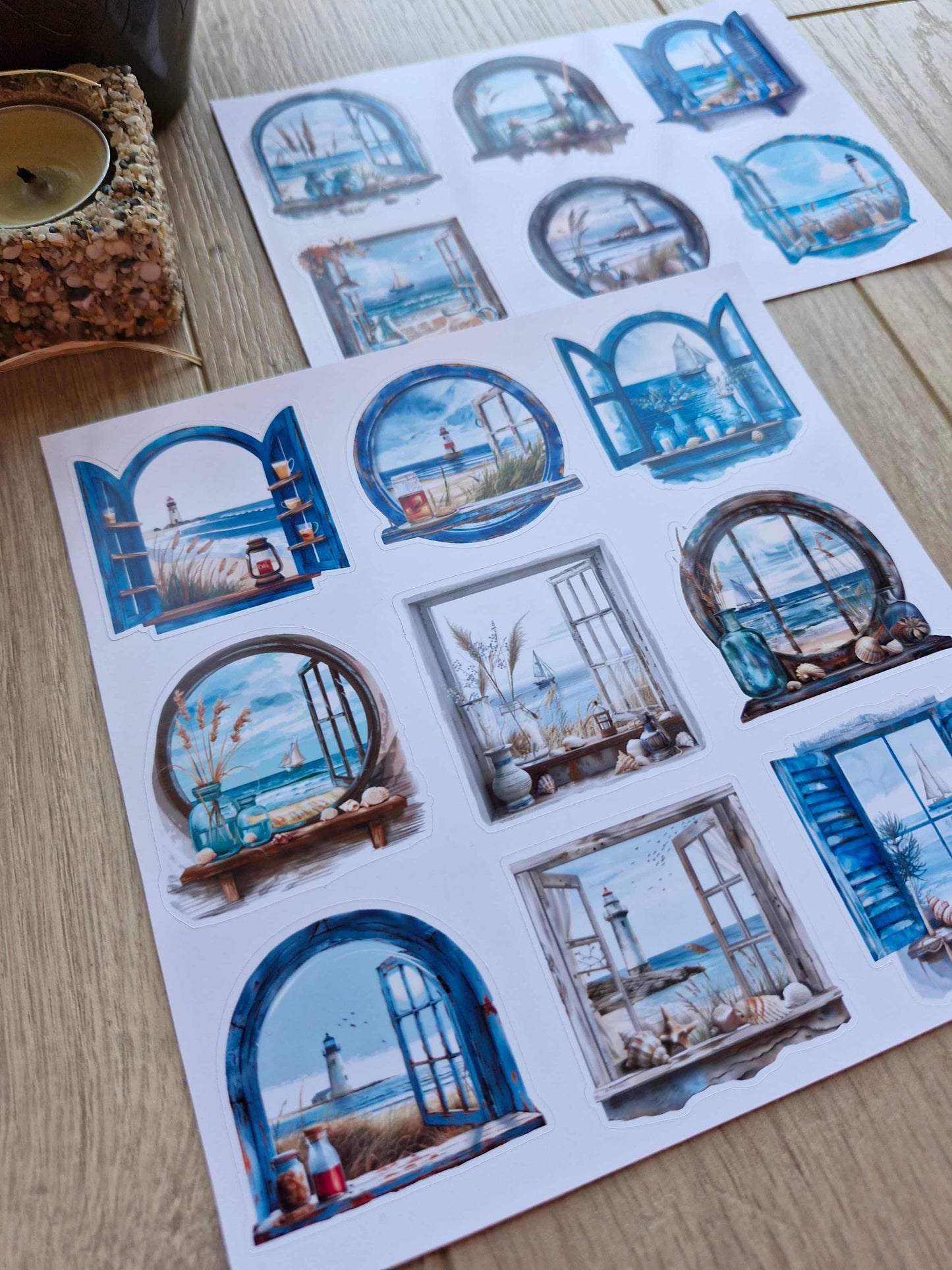 2 Sayfa 15 Adet Pencere Sticker Deniz Mavi Manzara Vintage Sticker