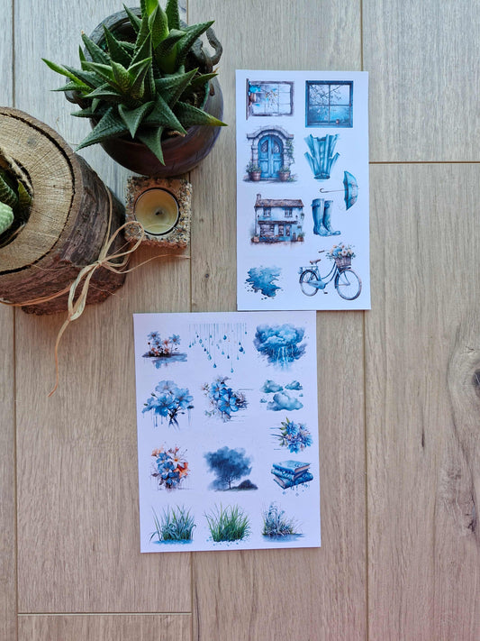 2 Sayfa 22 Adet Yağmur Temalı Sticker Çiçek Mavi Su Bulut Pencere Sticker Vintage Sticker