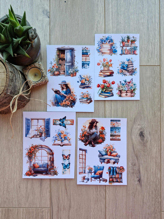4 Sayfa 21 Adet Mavi Kitap Temalı Sticker Seti Kız Sticker Mavi Turuncu Kitap Kız Çiçek