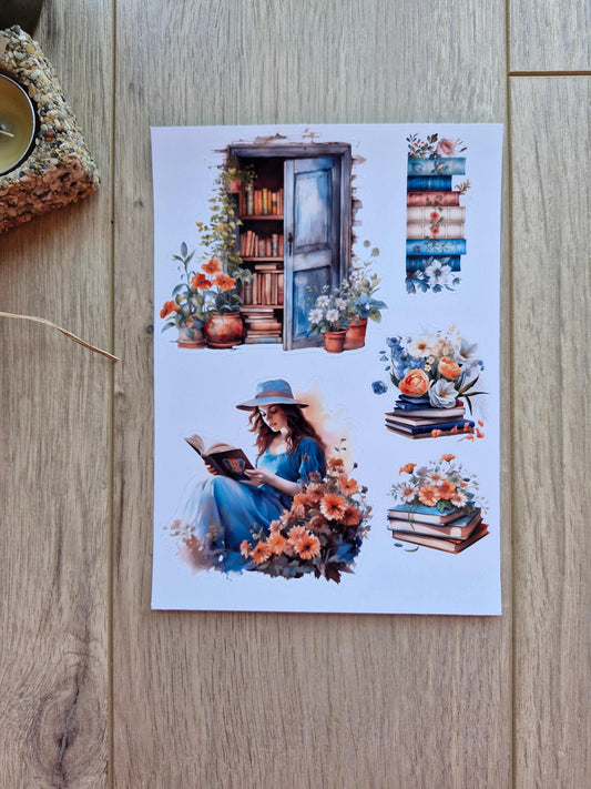 4 Sayfa 21 Adet Mavi Kitap Temalı Sticker Seti Kız Sticker Mavi Turuncu Kitap Kız Çiçek