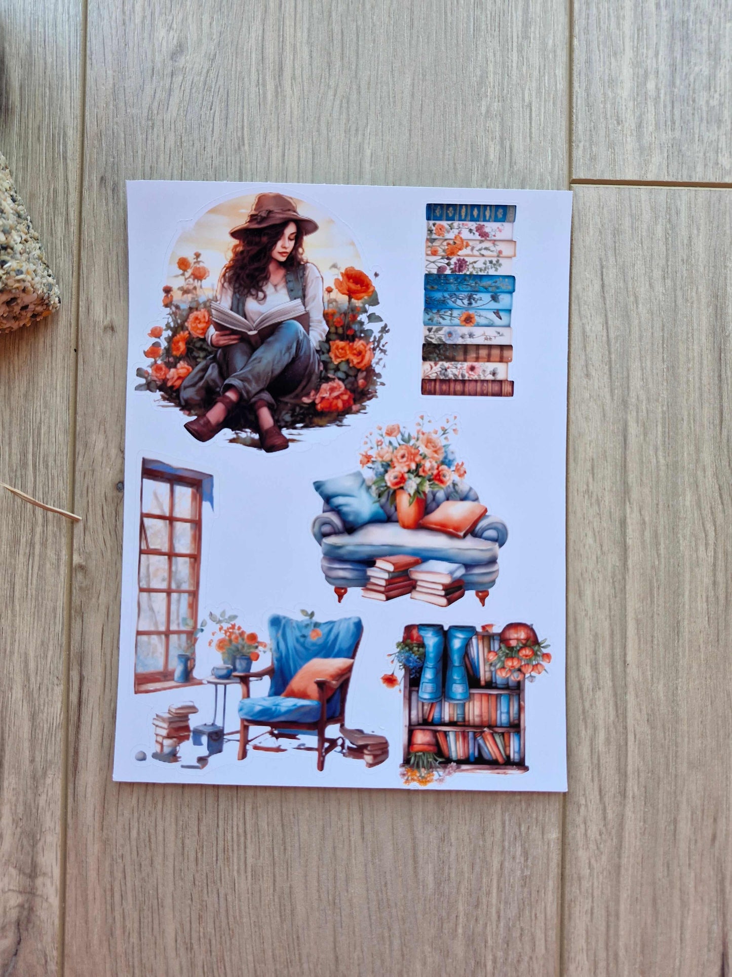 4 Sayfa 21 Adet Mavi Kitap Temalı Sticker Seti Kız Sticker Mavi Turuncu Kitap Kız Çiçek