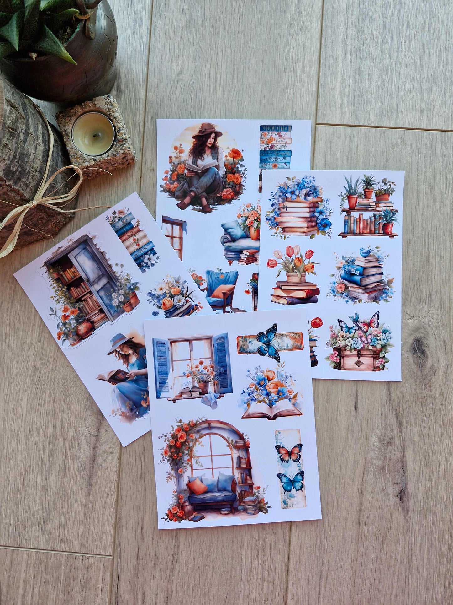 4 Sayfa 21 Adet Mavi Kitap Temalı Sticker Seti Kız Sticker Mavi Turuncu Kitap Kız Çiçek