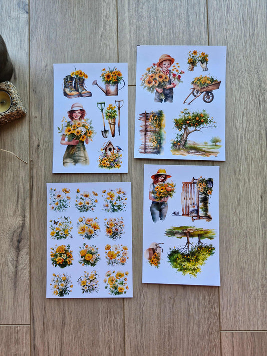 4 Sayfa 25 Adet Sarı Temalı Sticker Seti Ayçiçeği Kız Sticker Çiçek Ağaç Country