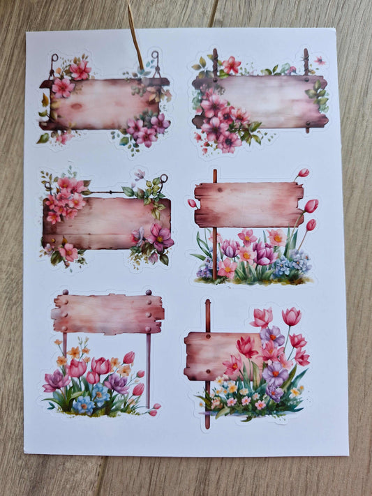 6 Adet Tabela Temalı Sticker Bullet Journal Scrapbook Laptop Sticker Çiçek Tabela Lale