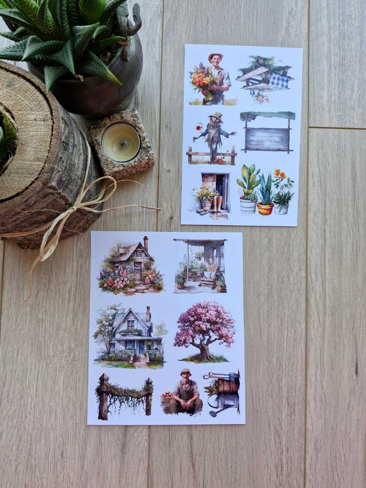 2 Sayfa 13 adet Country Temalı Sticker Çiçek Ev Köy Saksı Çiftlik Sticker Vintage Sticker