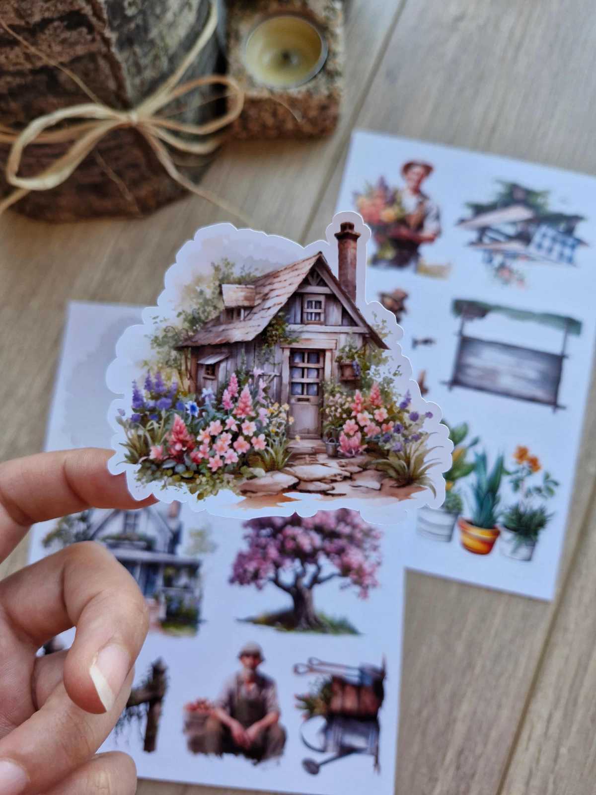2 Sayfa 13 adet Country Temalı Sticker Çiçek Ev Köy Saksı Çiftlik Sticker Vintage Sticker