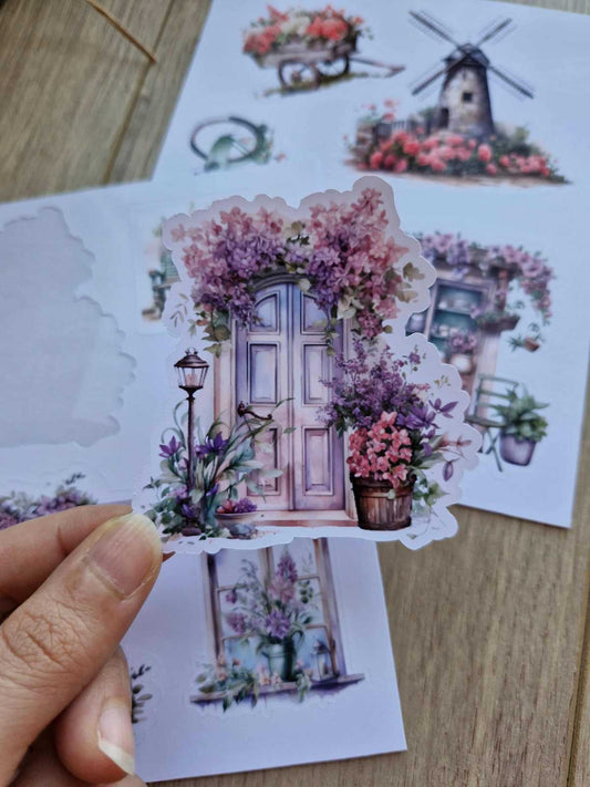 2 Sayfa 10 Adet Pencere Çiçek Sticker Seti Kapı Değirmen Bank Sticker Vintage Sticker