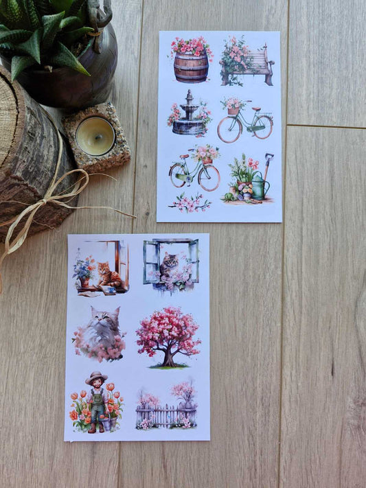 2 Sayfa 13 Adet Çiçek Temalı Sticker Seti Çiçek Kedi Pencere Country Sticker Vintage Sticker