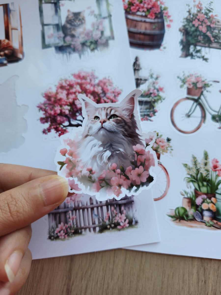 2 Sayfa 13 Adet Çiçek Temalı Sticker Seti Çiçek Kedi Pencere Country Sticker Vintage Sticker