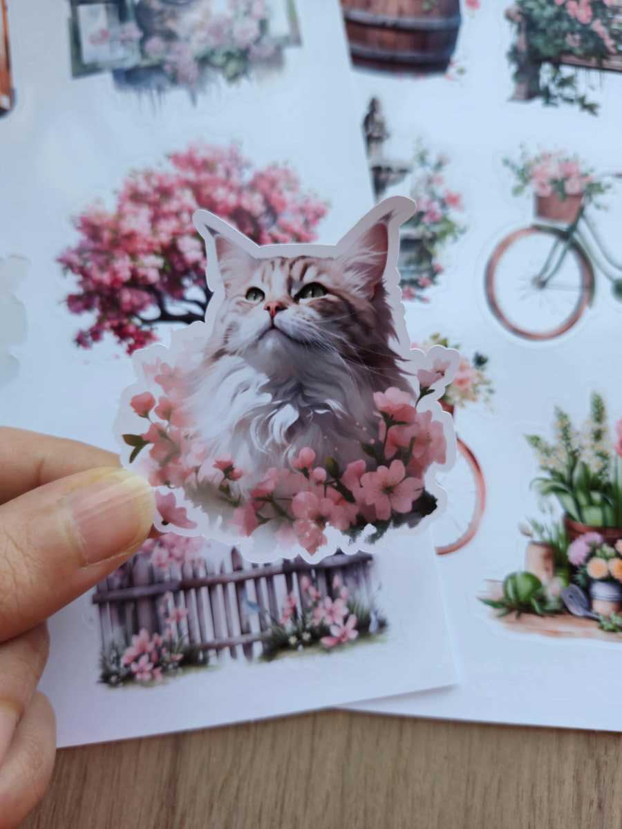 2 Sayfa 13 Adet Çiçek Temalı Sticker Seti Çiçek Kedi Pencere Country Sticker Vintage Sticker