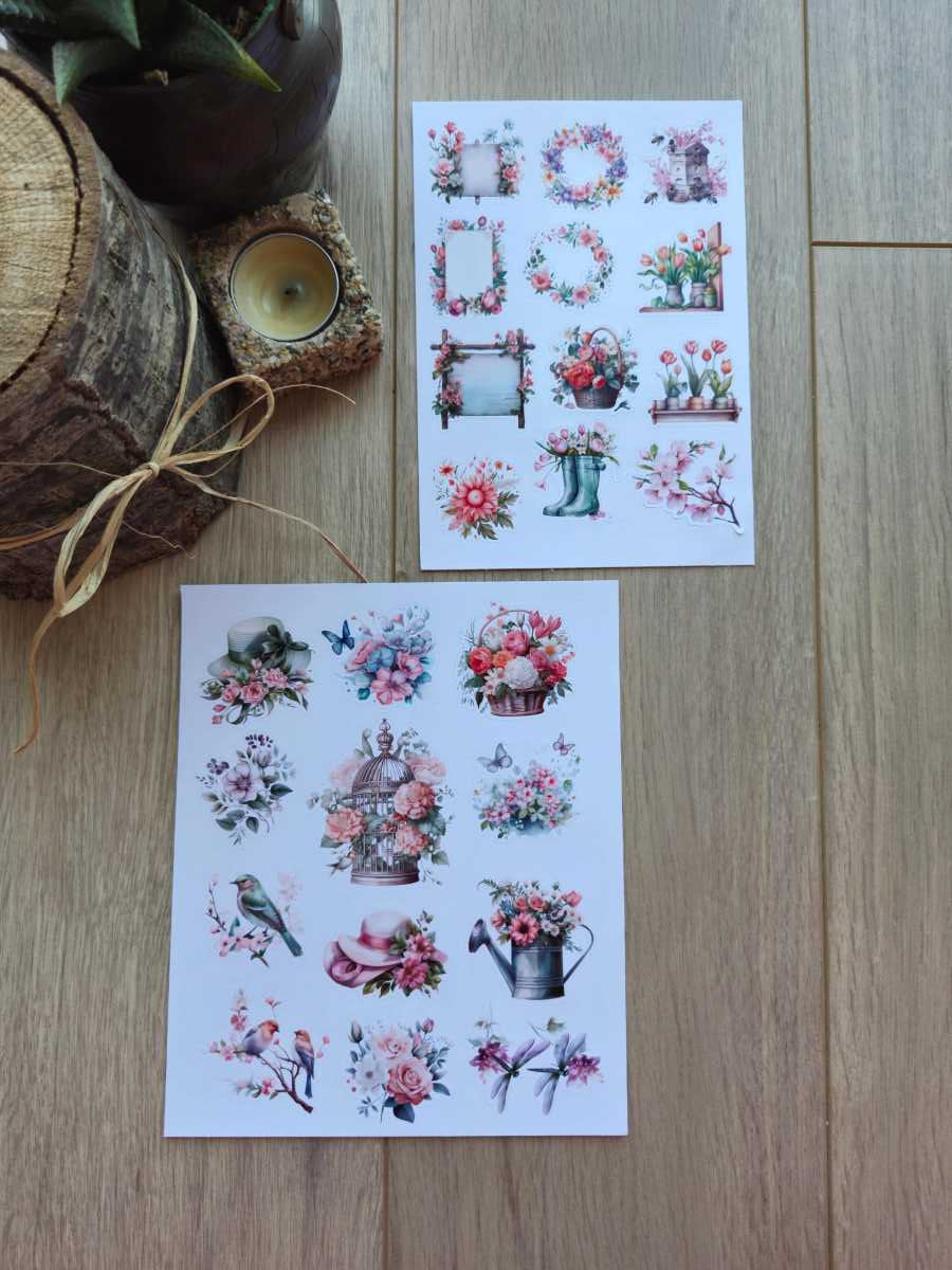 2 Sayfa 20 Adet Pembe Mor Çiçek Sticker Seti Şemsiye Yeşil Şapka Kuş Sticker Vintage Sticker