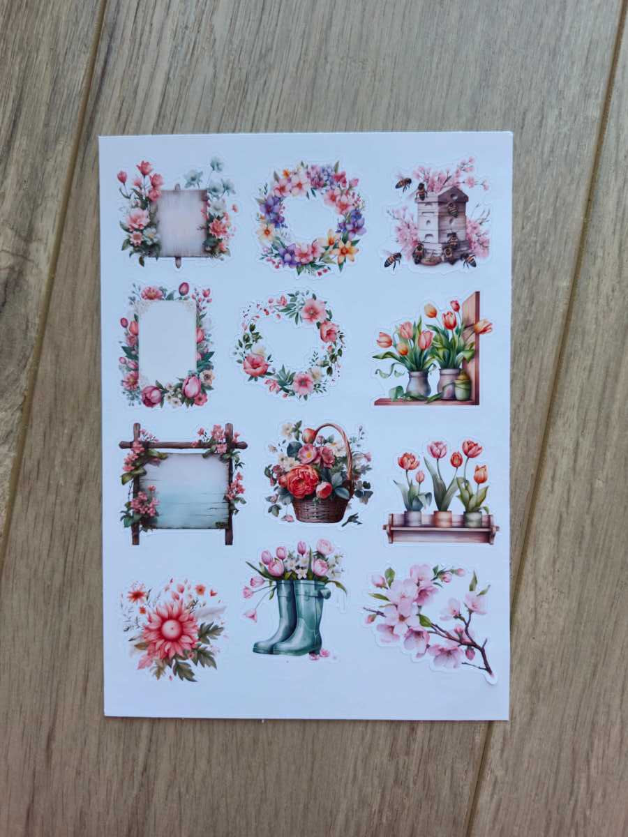 2 Sayfa 20 Adet Pembe Mor Çiçek Sticker Seti Şemsiye Yeşil Şapka Kuş Sticker Vintage Sticker