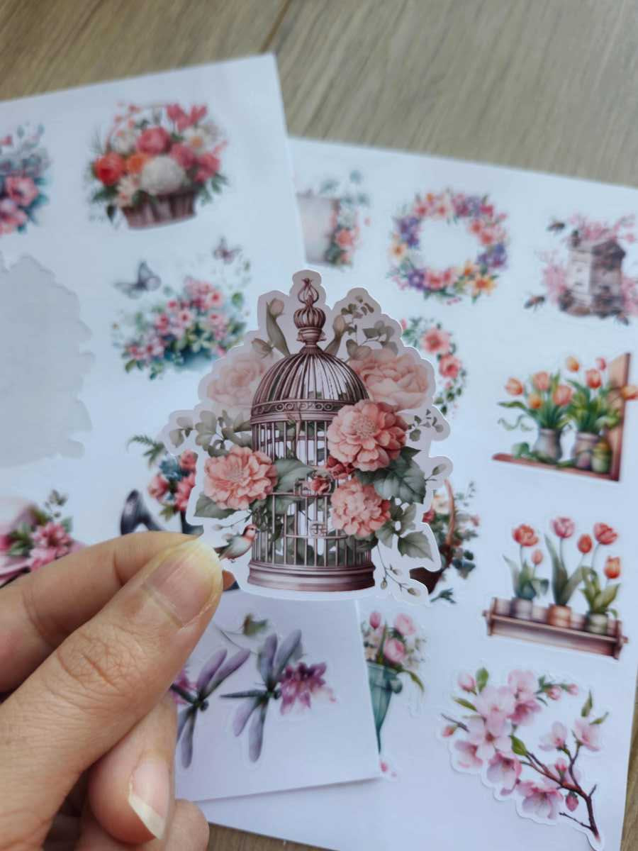 2 Sayfa 20 Adet Pembe Mor Çiçek Sticker Seti Şemsiye Yeşil Şapka Kuş Sticker Vintage Sticker