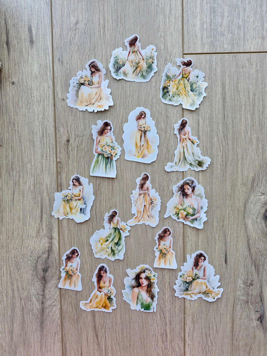 15 Adet Şeffaf Kız Sticker Seti Bullet Journal Scrapbook Laptop Sticker Yeşil Sarı Çiçek