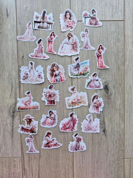 24 Adet Şeffaf Kız Sticker Seti Bullet Journal Scrapbook Laptop Sticker Pembe Çiçek
