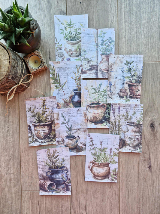 10 Adet Eskitme Saksı Temalı Scrapbook Kağıt Seti Bullet Journal Dekupaj Kağıdı Bitki Yeşil