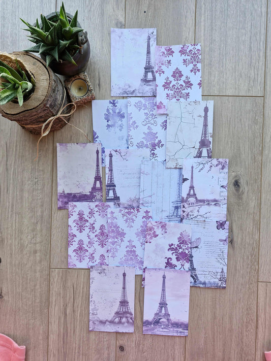 15 Adet Mor Eyfel Kulesi Temalı Scrapbook Kağıt Seti Bullet Journal Dekupaj Kağıdı