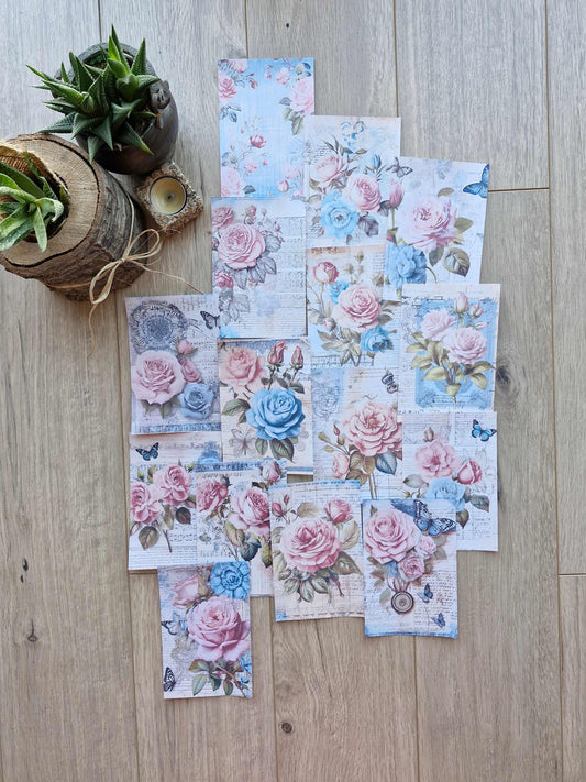 15 Adet Eskitme Vintage Pembe Gül Temalı Scrapbook Kağıt Seti Bullet Journal Dekupaj Kağıdı Mavi