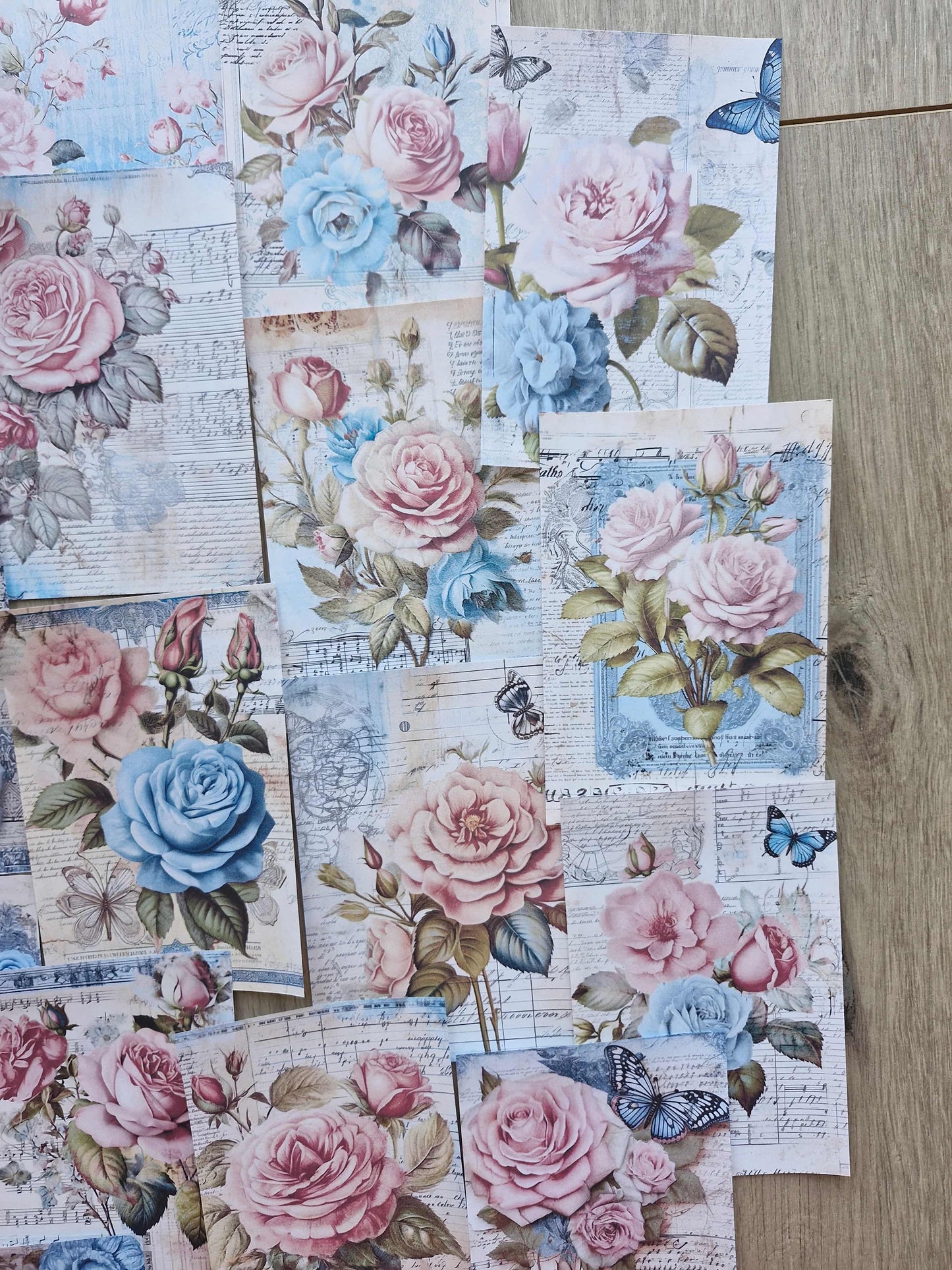 15 Adet Eskitme Vintage Pembe Gül Temalı Scrapbook Kağıt Seti Bullet Journal Dekupaj Kağıdı Mavi