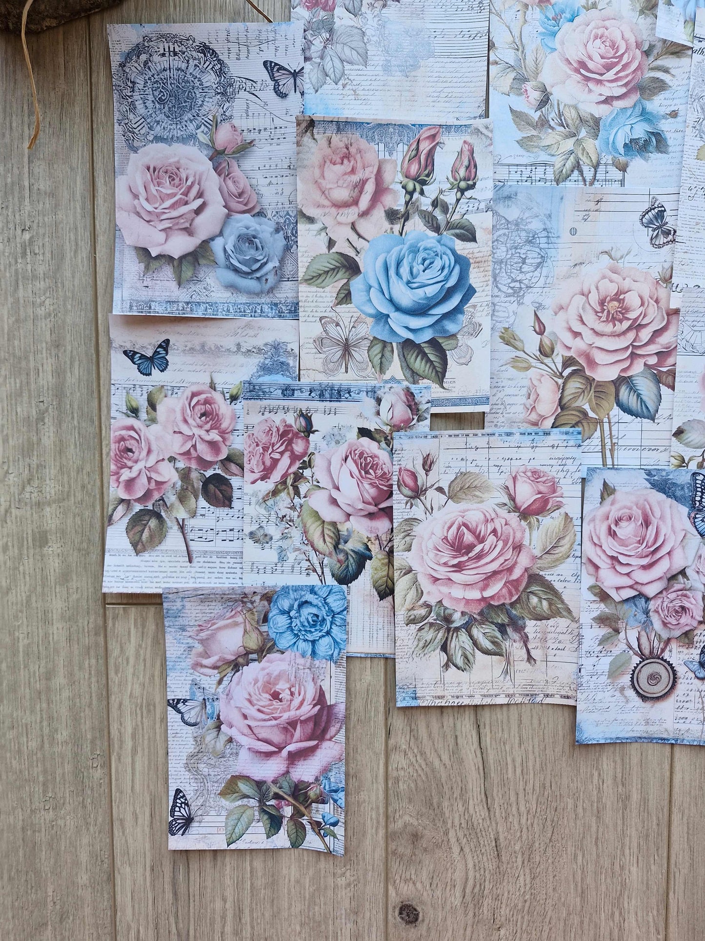 15 Adet Eskitme Vintage Pembe Gül Temalı Scrapbook Kağıt Seti Bullet Journal Dekupaj Kağıdı Mavi