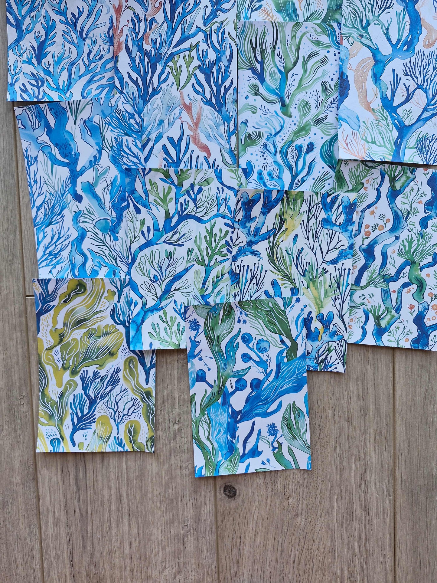 15 Adet Abstract Yosun Temalı Scrapbook Kağıt Seti Bullet Journal Dekupaj Kağıdı Mavi Yeşil