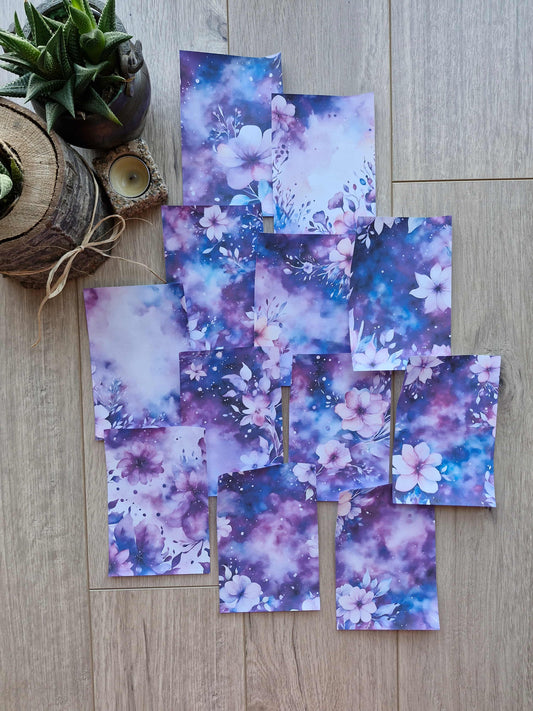12 Adet Eskitme Vintage Mor Çiçek Temalı Scrapbook Kağıt Seti Bullet Journal Dekupaj Kağıdı