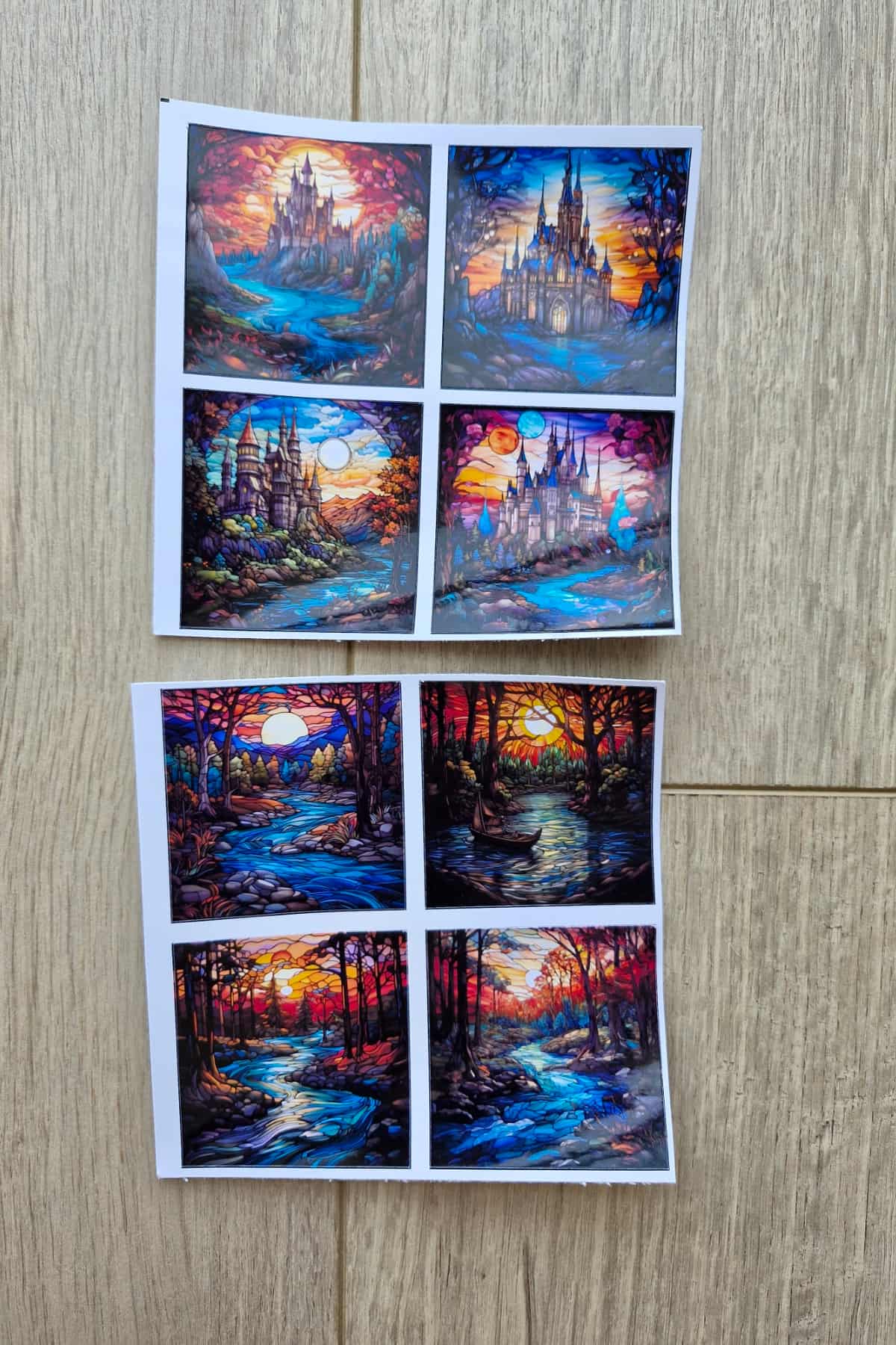 8 Adet Vitray Kale Orman Sticker Seti Bullet Journal Laptop Termos Renkli Cam Kare Sticker