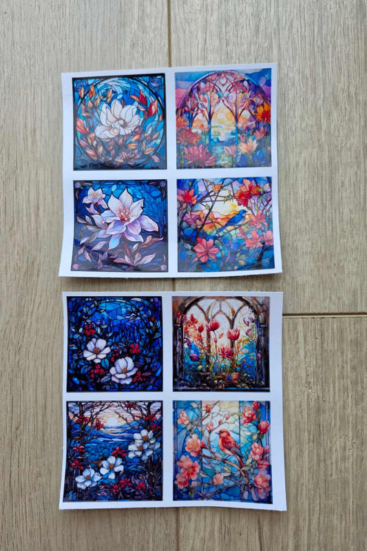 8 Adet Vitray Beyaz Çiçek Sticker Seti Bullet Journal Laptop Termos Renkli Cam Kare Sticker