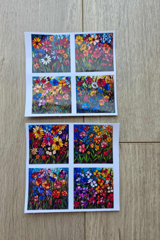 8 Adet Vitray Çiçek Sticker Seti Bullet Journal Laptop Termos Renkli Cam Kare Sticker