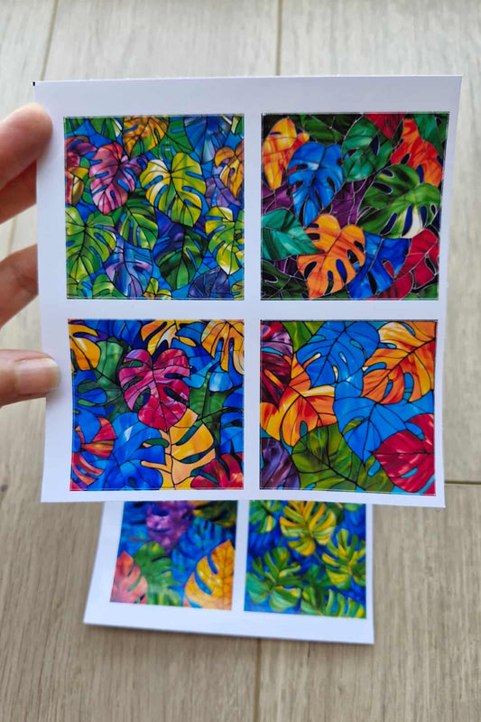 8 Adet Vitray Deve Tabanı Sticker Seti Bullet Journal Laptop Termos Renkli Cam Kare Sticker Monstera