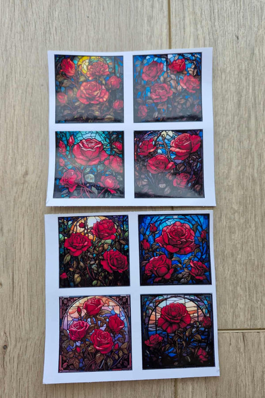 8 Adet Vitray Kırmızı Gül Sticker Seti Bullet Journal Laptop Termos Renkli Cam Kare Sticker