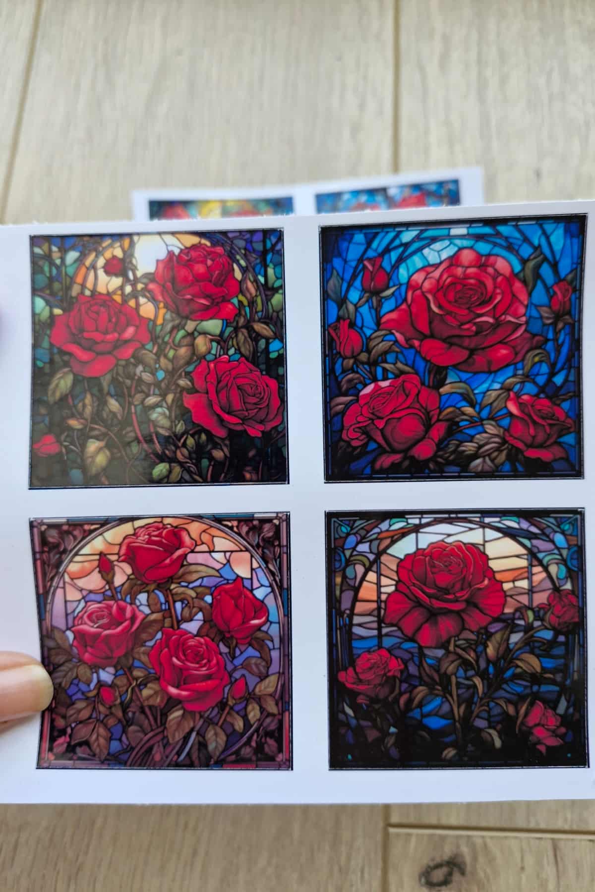 8 Adet Vitray Kırmızı Gül Sticker Seti Bullet Journal Laptop Termos Renkli Cam Kare Sticker