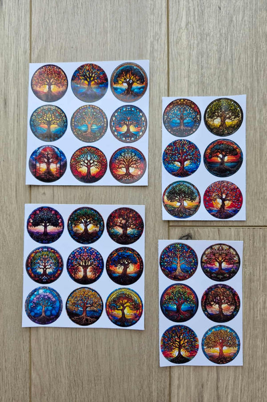 30 Adet Vitray Hayat Ağacı Sticker Seti Bullet Journal Laptop Termos Scrapbook Renkli Cam Yuvarlak