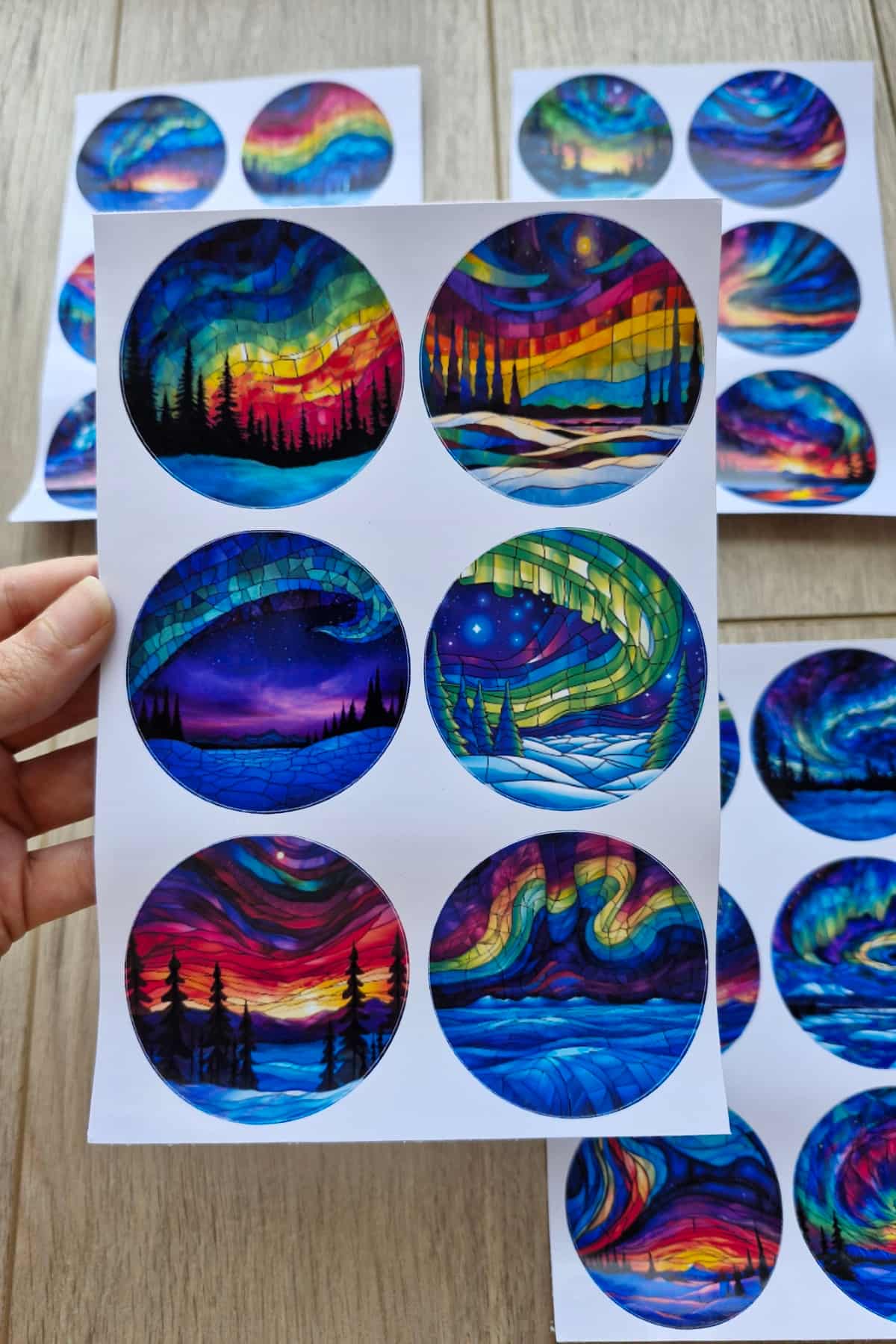 24 Adet Vitray Kuzey Işıkları Sticker Seti Bullet Journal Laptop Termos Renkli Cam Yuvarlak Sticker