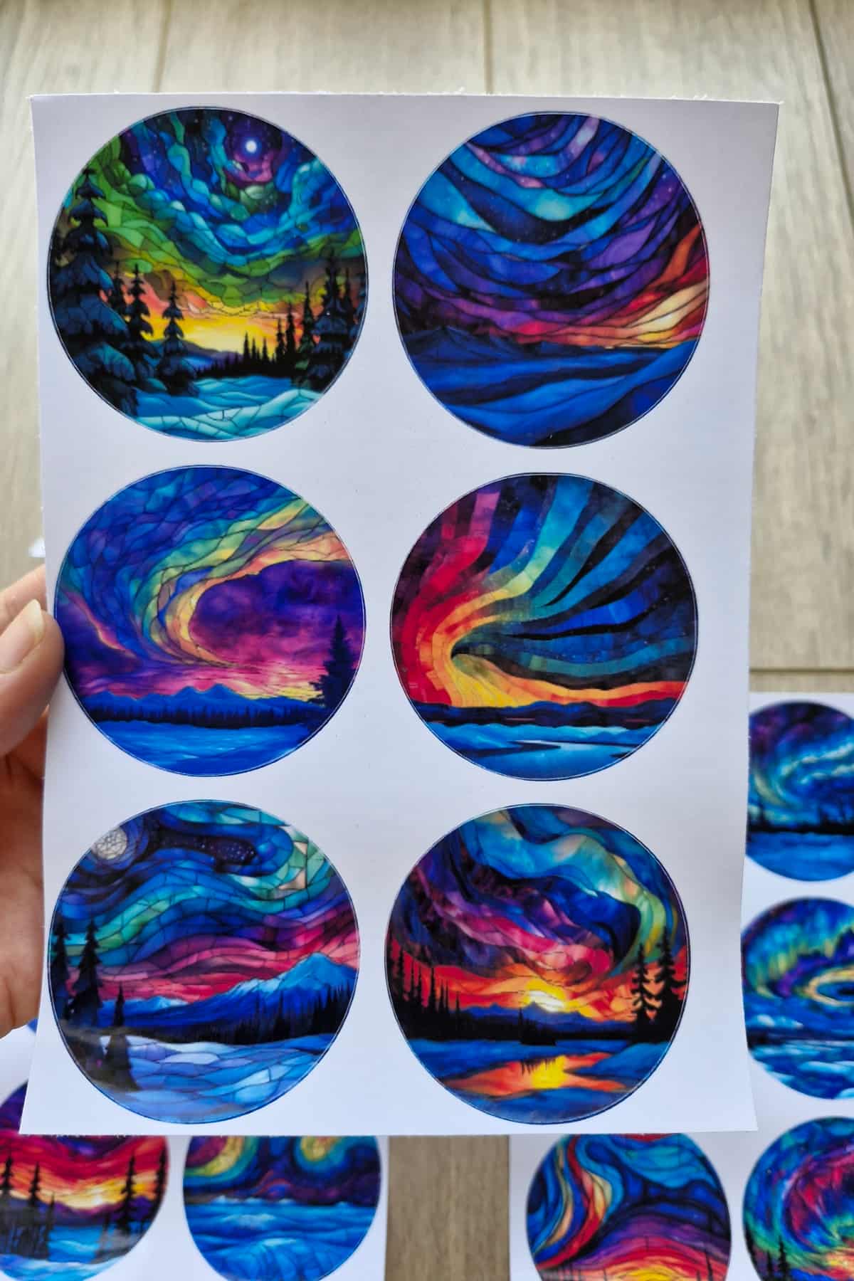 24 Adet Vitray Kuzey Işıkları Sticker Seti Bullet Journal Laptop Termos Renkli Cam Yuvarlak Sticker