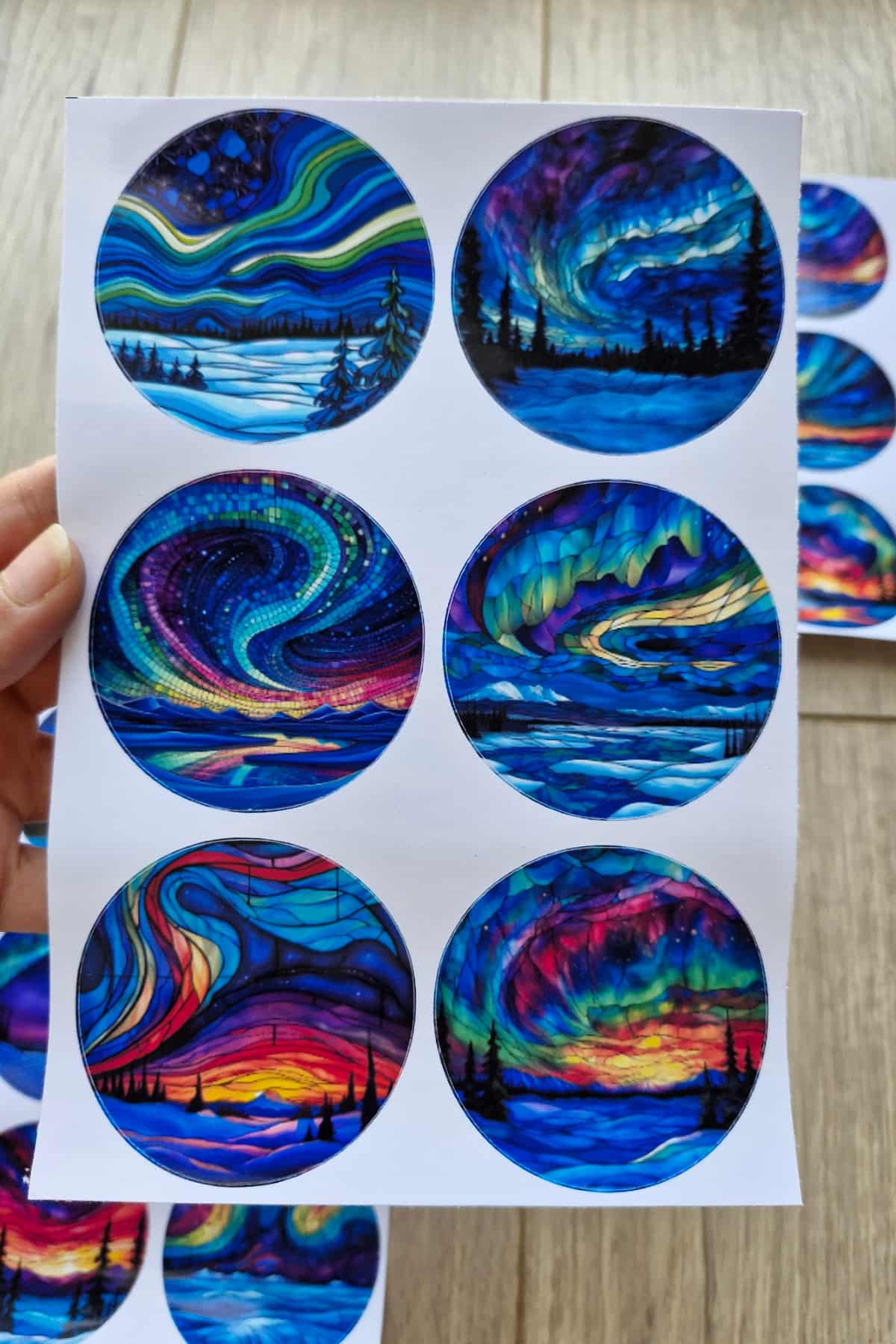 24 Adet Vitray Kuzey Işıkları Sticker Seti Bullet Journal Laptop Termos Renkli Cam Yuvarlak Sticker