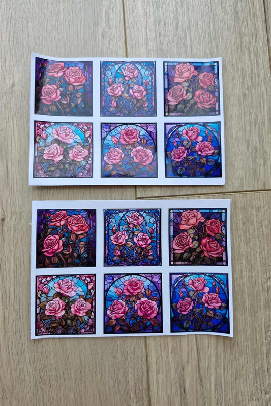 12 Adet Vitray Gül Sticker Seti Bullet Journal Laptop Termos Renkli Cam Kare Sticker