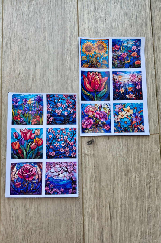 12 Adet Vitray Çiçek Sticker Seti Bullet Journal Laptop Termos Renkli Cam Kare Sticker