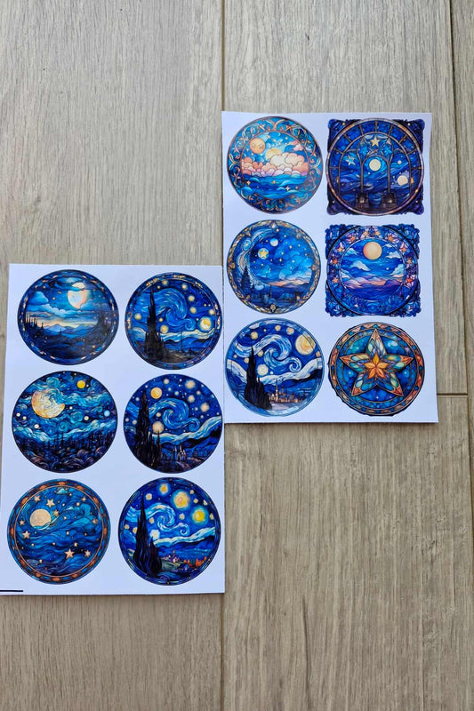 12 Adet Vitray Van Gogh Sticker Seti Bullet Journal Laptop Termos Scrapbook Renkli Cam Yuvarlak
