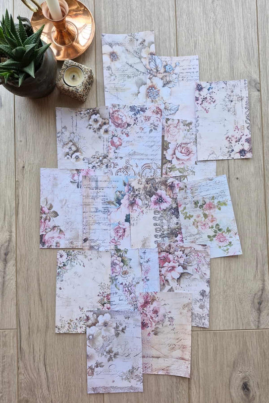 15 Adet Eskitme Vintage Çiçek Temalı Scrapbook Kağıt Seti Bullet Journal Dekupaj Kağıdı