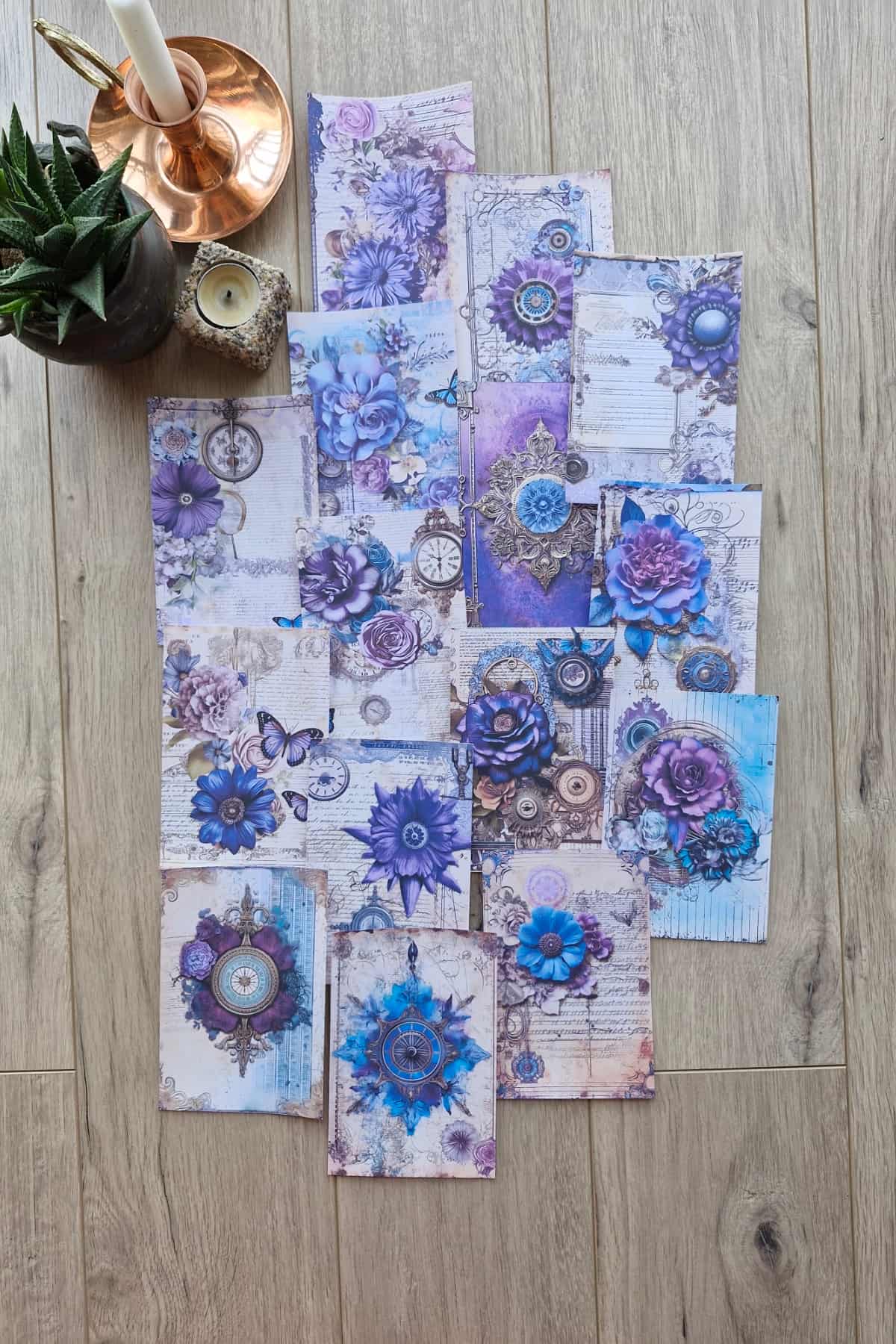 15 Adet Eskitme Vintage Mor Çiçek Temalı Scrapbook Kağıt Seti Bullet Journal Dekupaj Kağıdı Saat