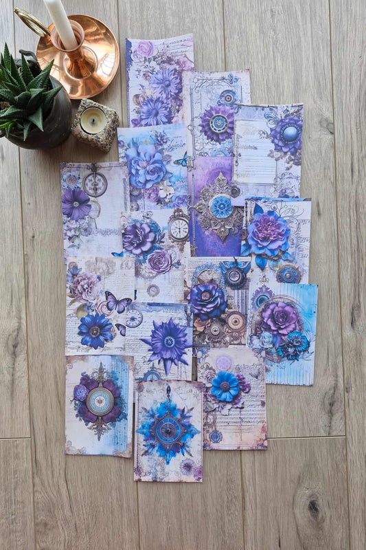 15 Adet Eskitme Vintage Mor Çiçek Temalı Scrapbook Kağıt Seti Bullet Journal Dekupaj Kağıdı Saat