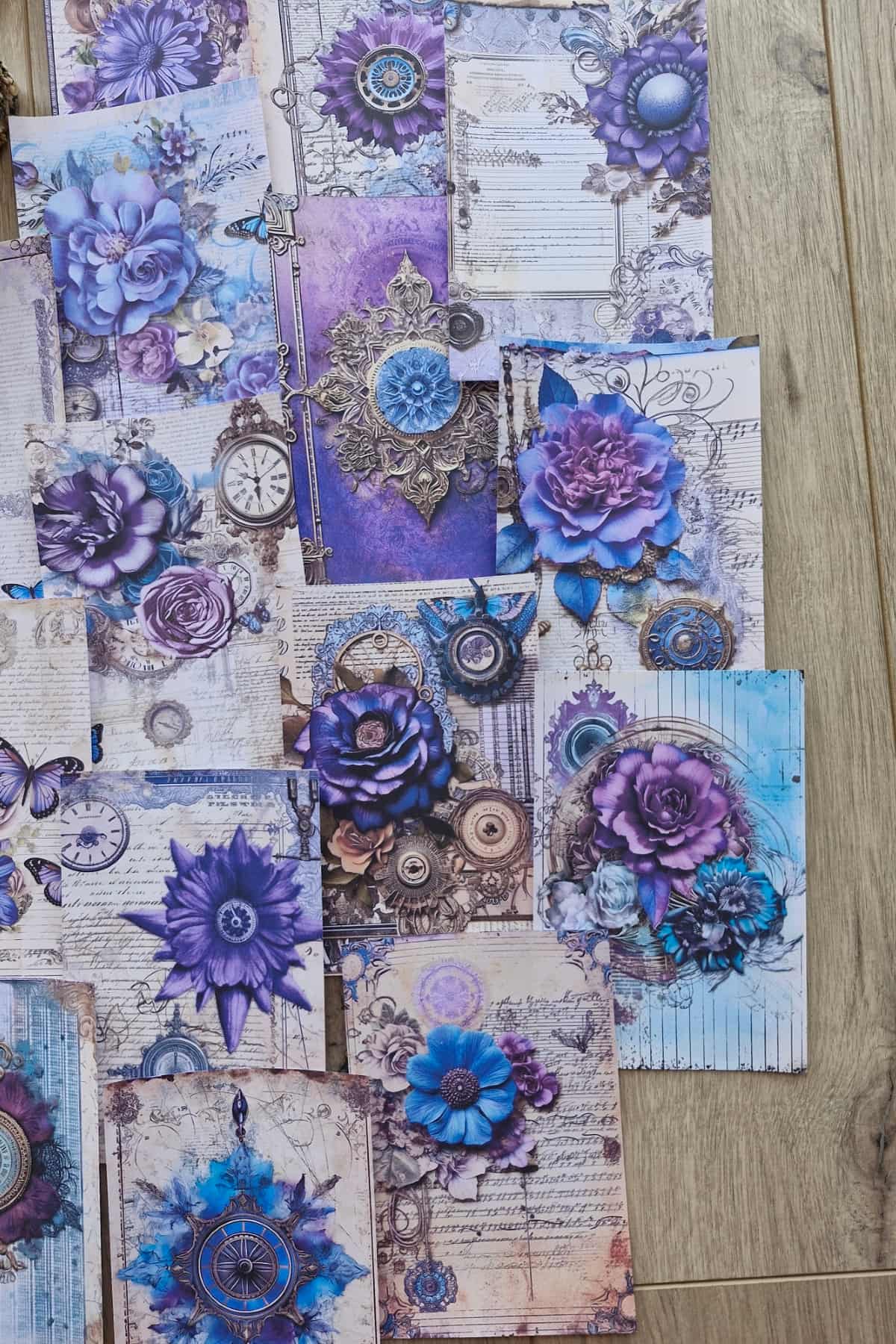 15 Adet Eskitme Vintage Mor Çiçek Temalı Scrapbook Kağıt Seti Bullet Journal Dekupaj Kağıdı Saat