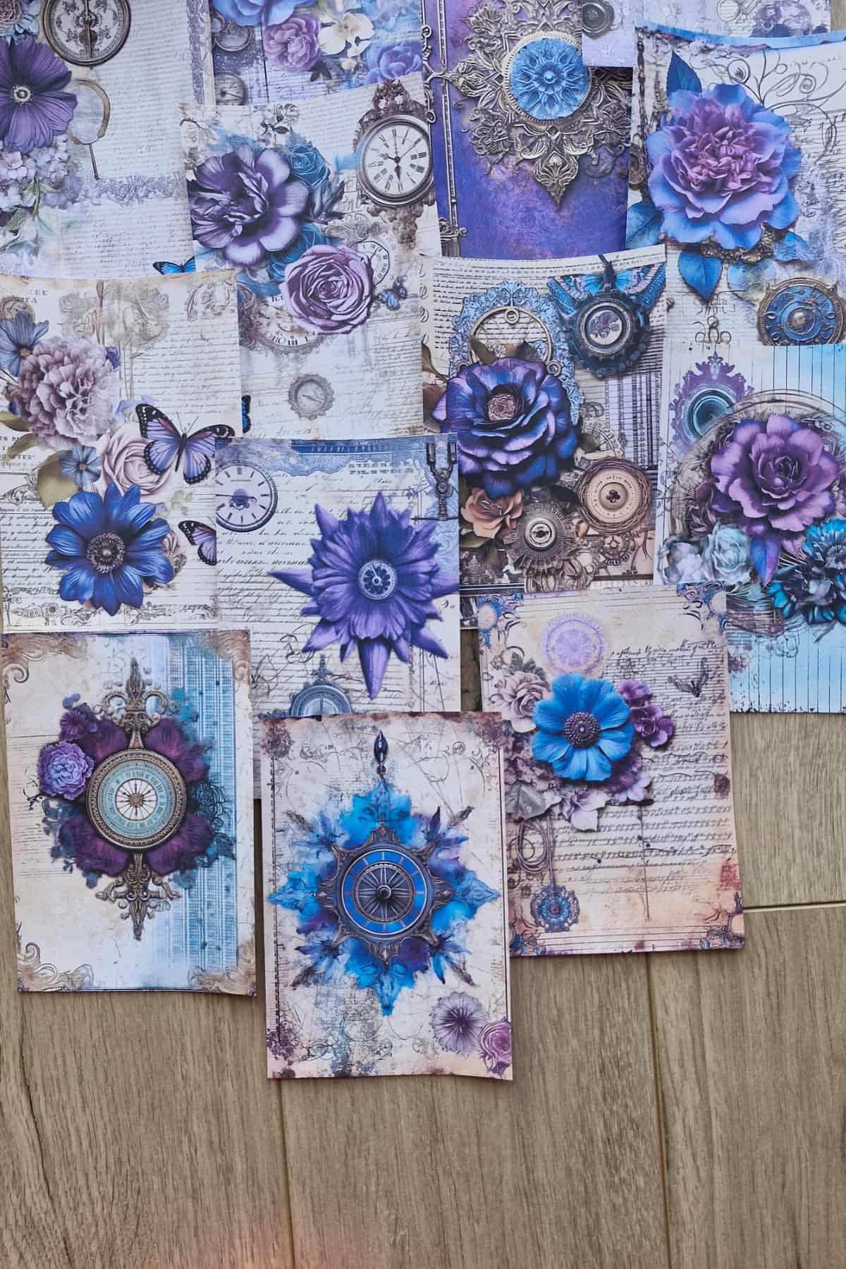 15 Adet Eskitme Vintage Mor Çiçek Temalı Scrapbook Kağıt Seti Bullet Journal Dekupaj Kağıdı Saat