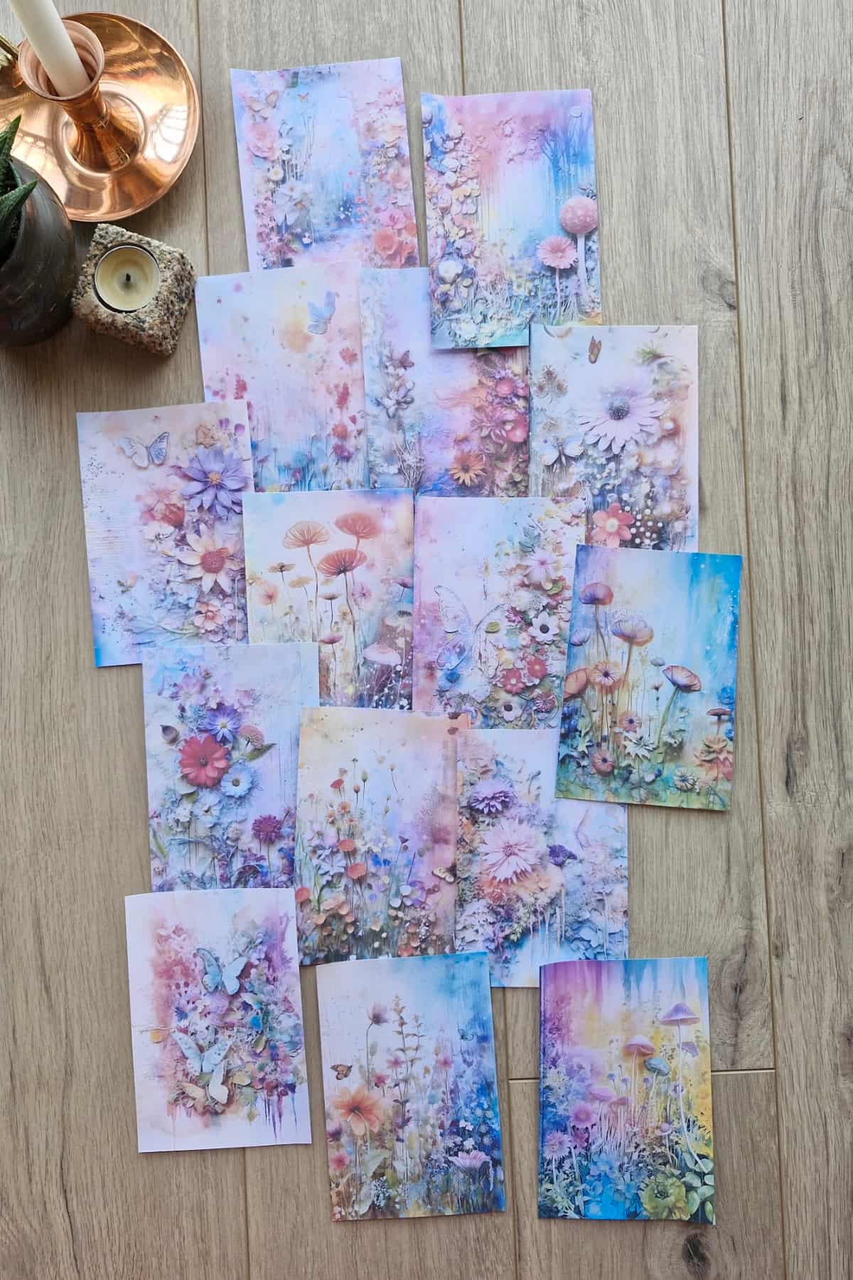 15 Adet Eskitme Vintage Suluboya Orman Temalı Scrapbook Kağıt Seti Bullet Journal Dekupaj Kağıdı