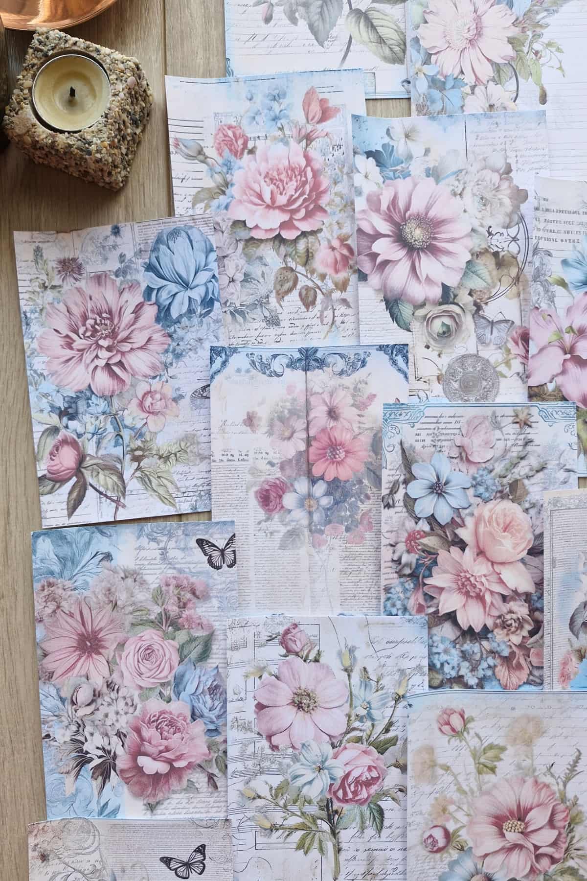 15 Adet Eskitme Vintage Pembe Mavi Temalı Scrapbook Kağıt Seti Bullet Journal Dekupaj Kağıdı