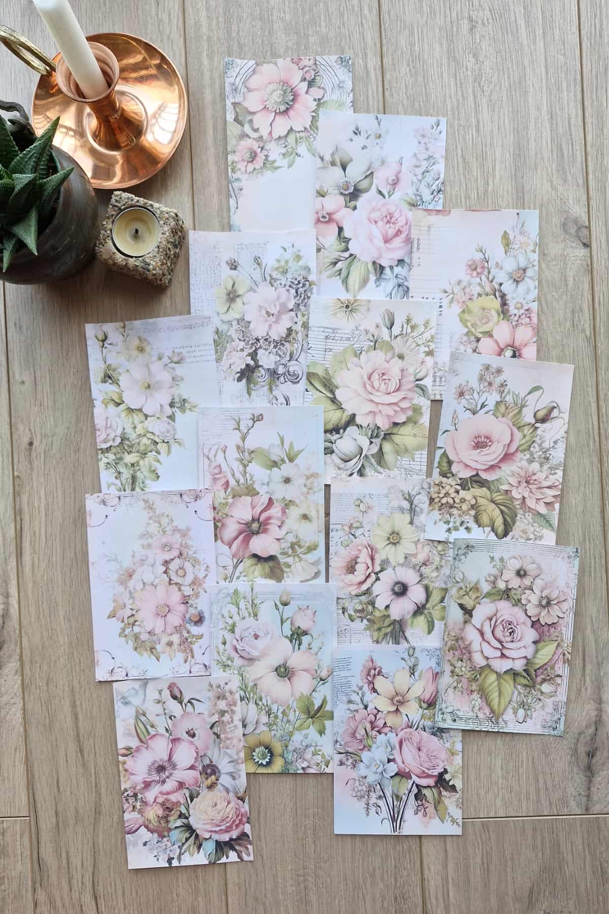 15 Adet Eskitme Vintage Pembe Gül Temalı Scrapbook Kağıt Seti Bullet Journal Dekupaj Kağıdı