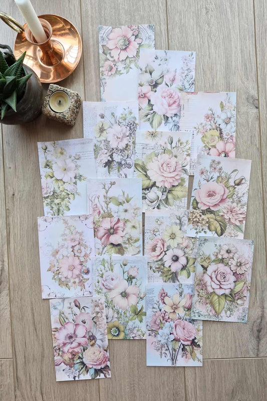 15 Adet Eskitme Vintage Pembe Gül Temalı Scrapbook Kağıt Seti Bullet Journal Dekupaj Kağıdı